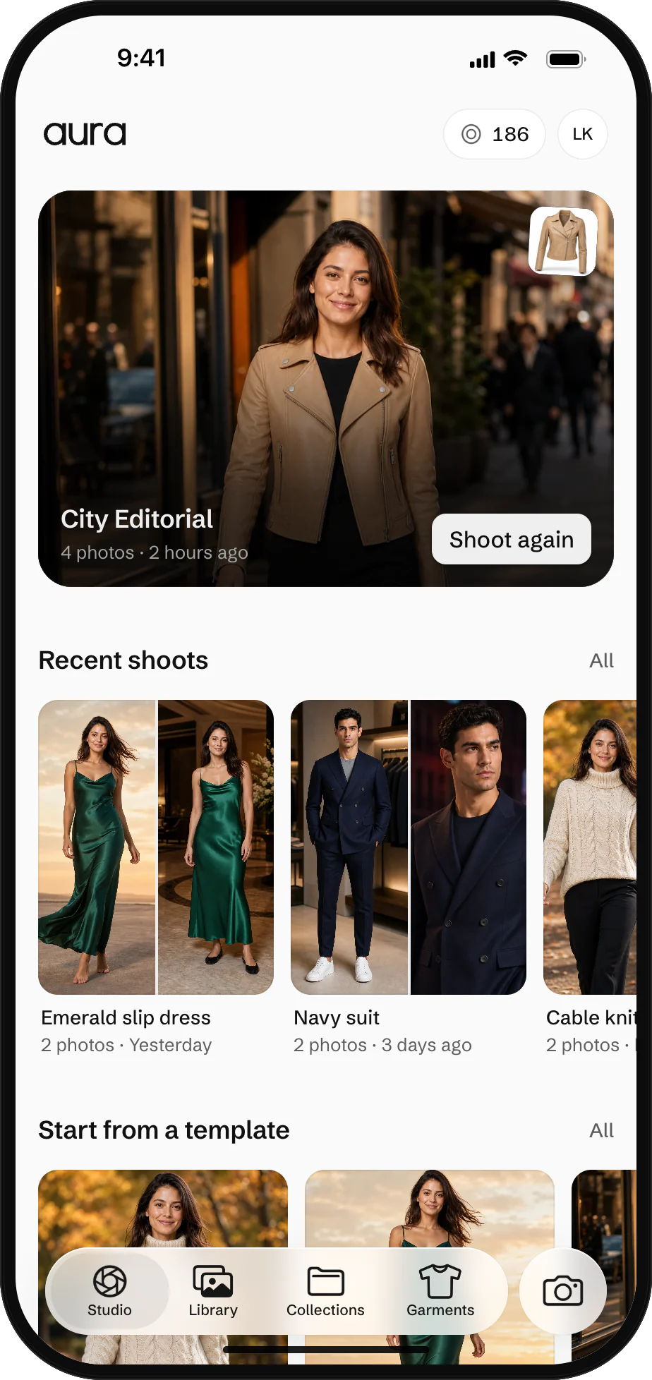 The AURA app’s Studio home: the latest shoot, recent shoots and templates to start from