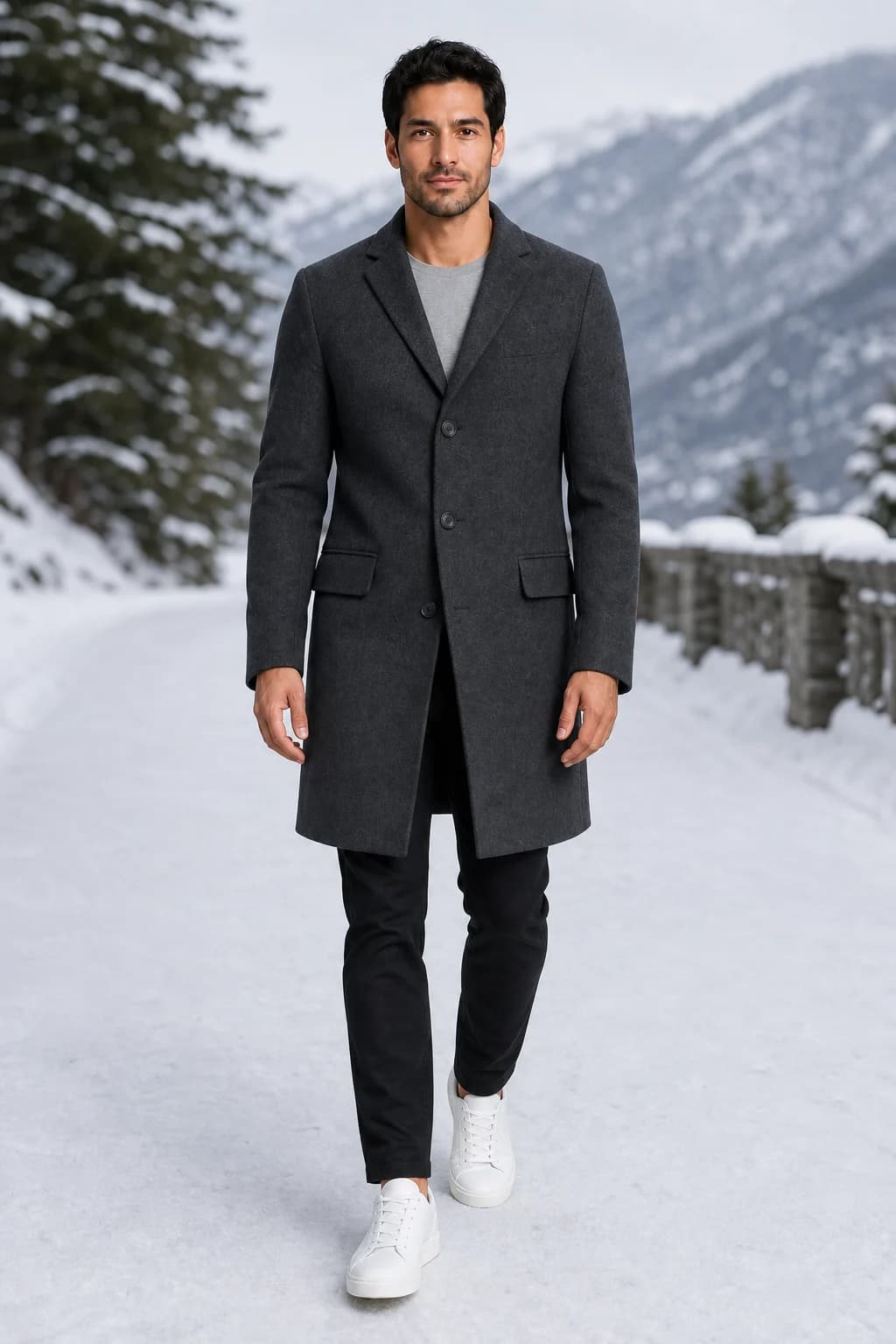 Model walking a snowy mountain road in a charcoal wool overcoat