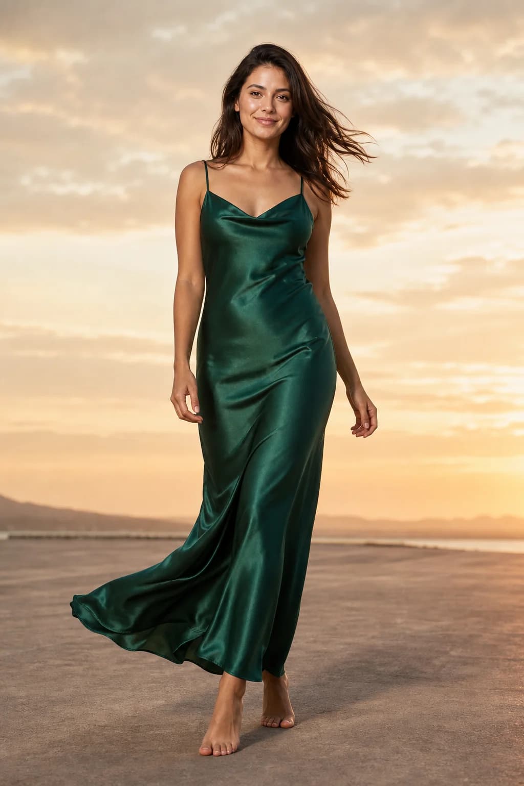 Model in motion at sunset wearing an emerald silk slip dress