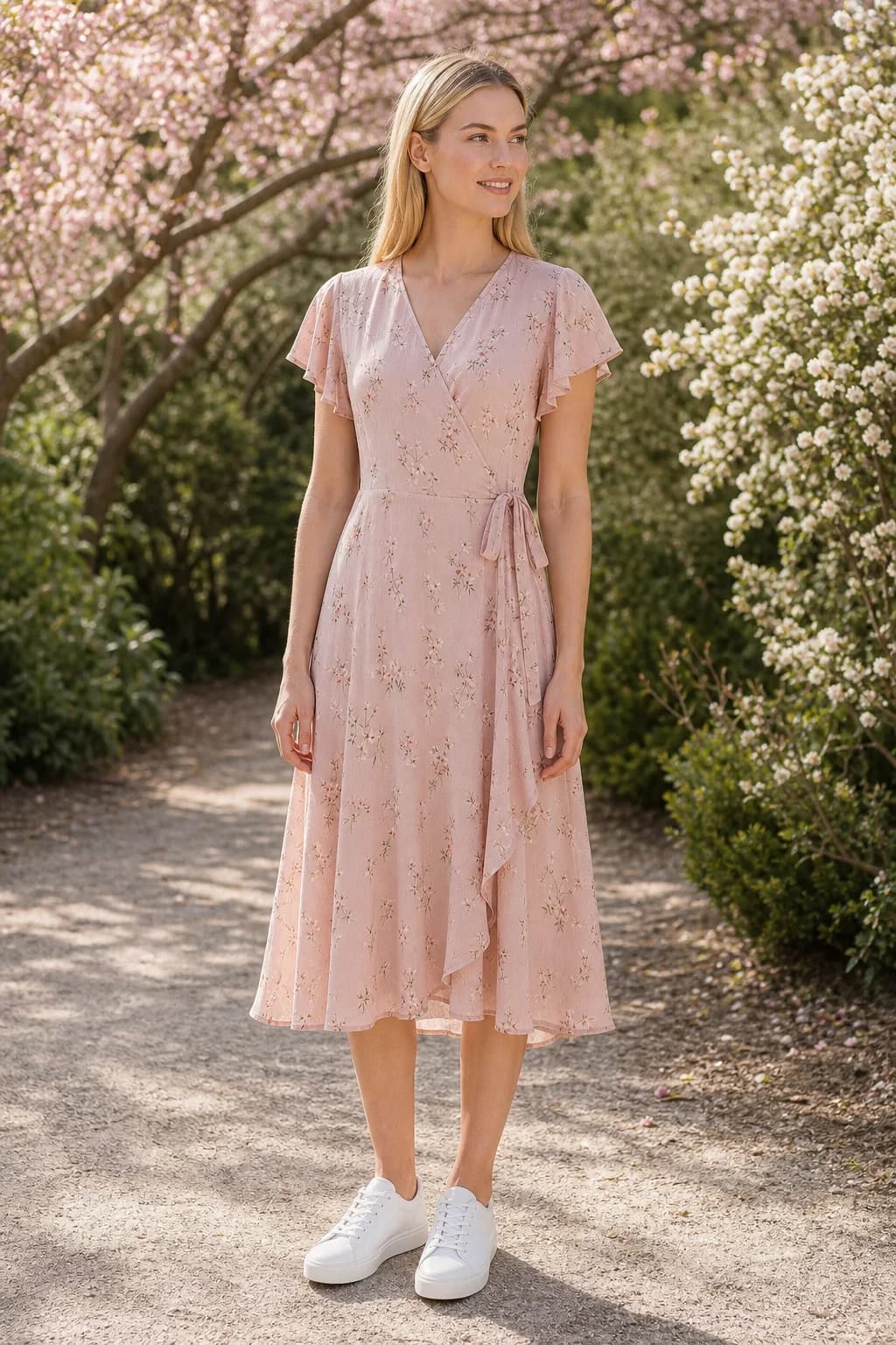 Model in a blush floral midi dress on a blossoming spring path