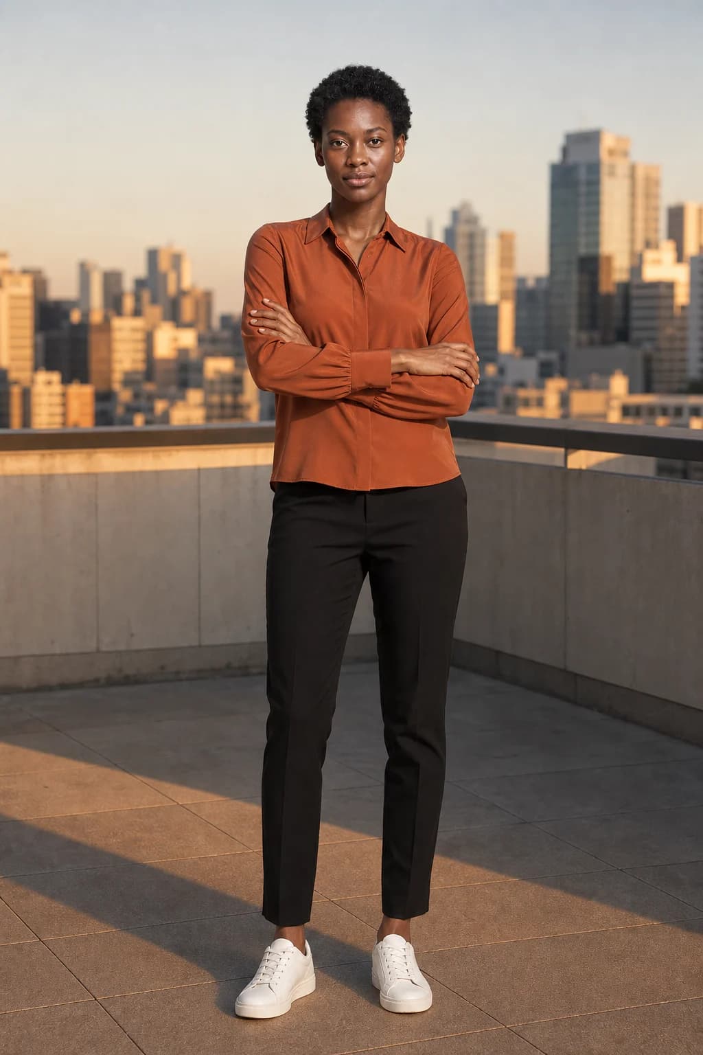 Model in a terracotta silk blouse on a rooftop terrace at golden hour