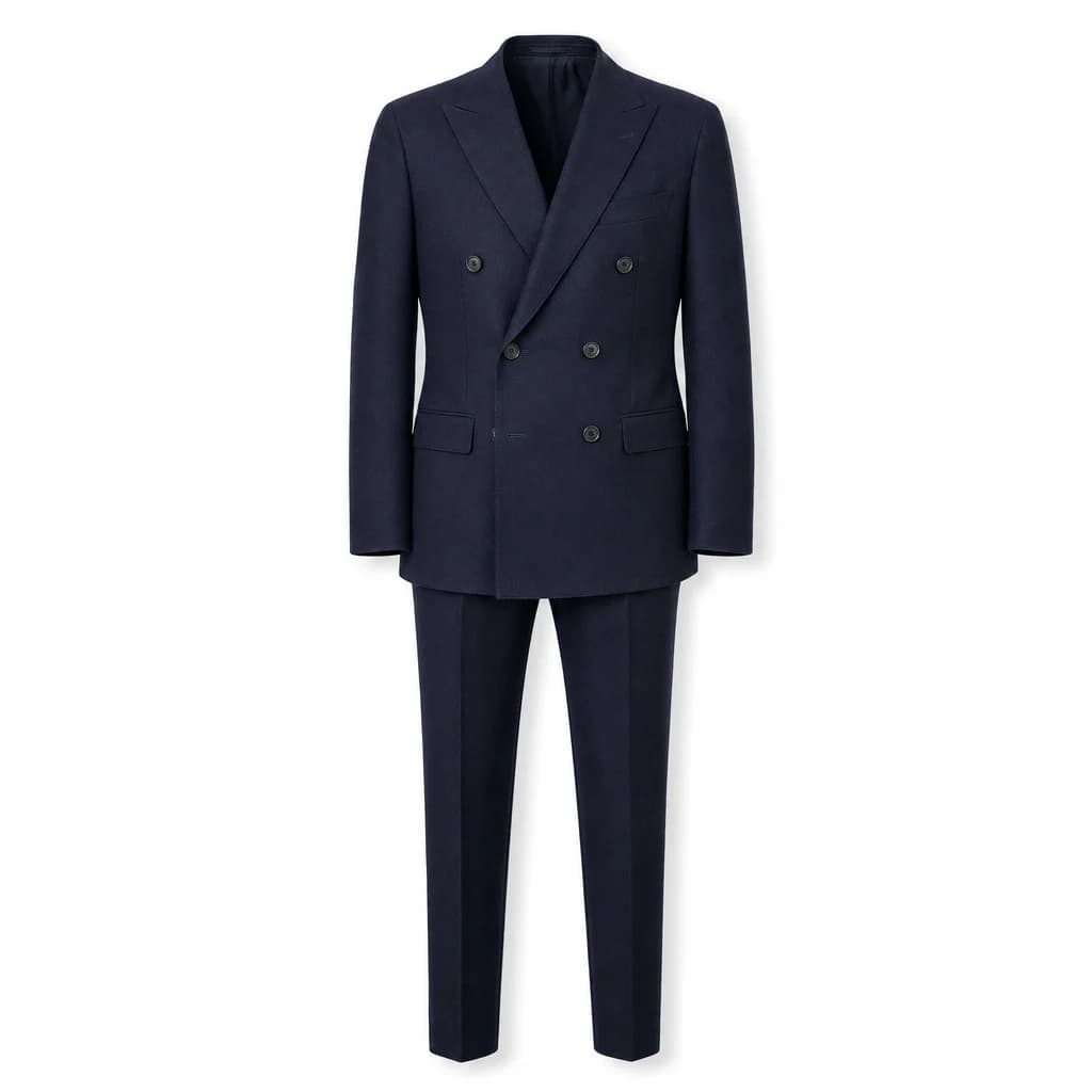 A navy double-breasted suit, photographed flat