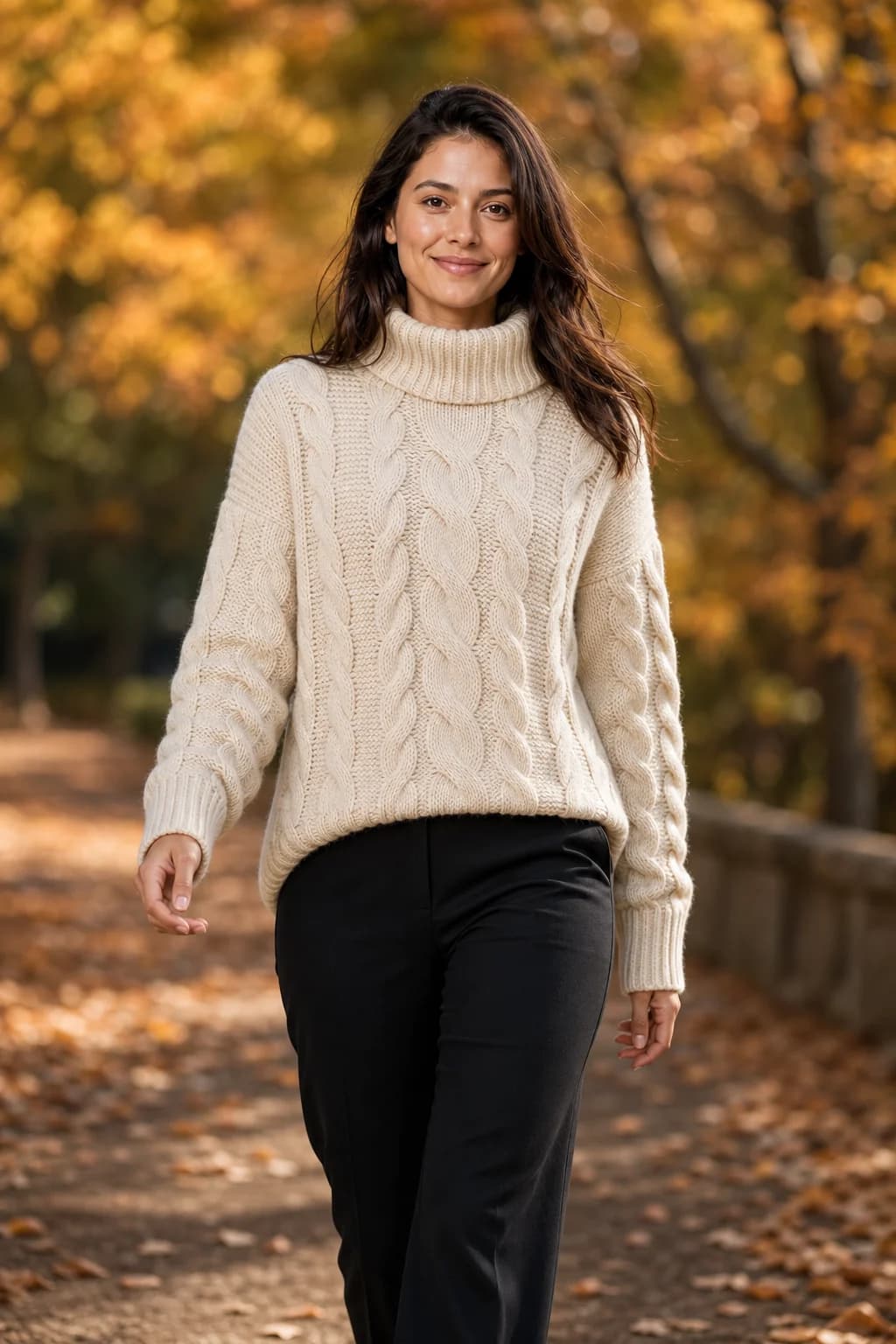 Model walking through autumn foliage in a cream cable-knit sweater, generated with AURA