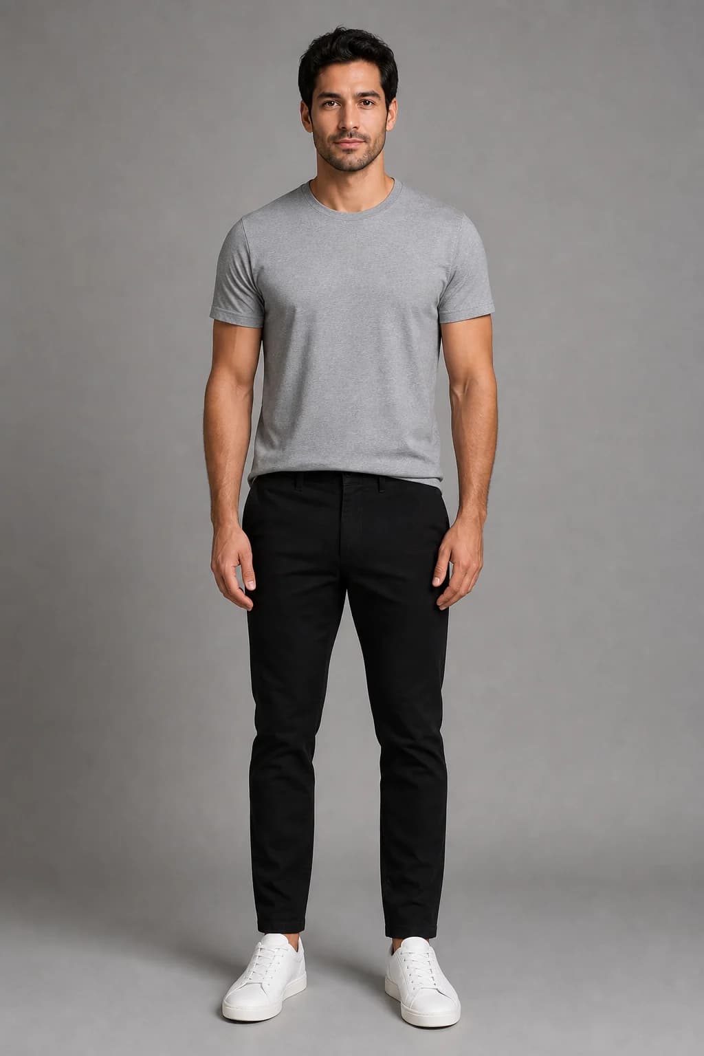Reference photo of a dark-haired man in a grey T-shirt, black trousers and white trainers against a grey wall